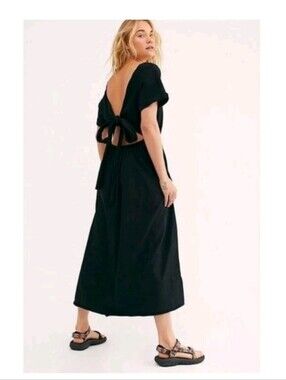 Free People Beach Womens Black Cotton Tie Back Resortwear Sorrento Midi Dress XS